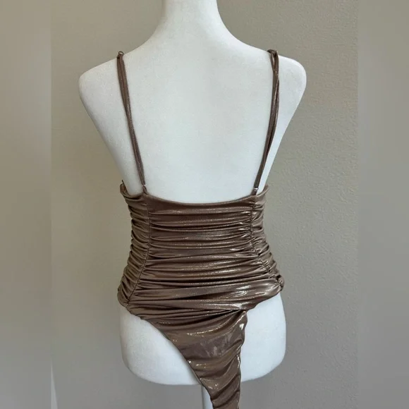 Zara Metallic Gold Slick Ruched Bodysuit Party Glam Statement Piece M Sleeveless - Picture 11 of 11